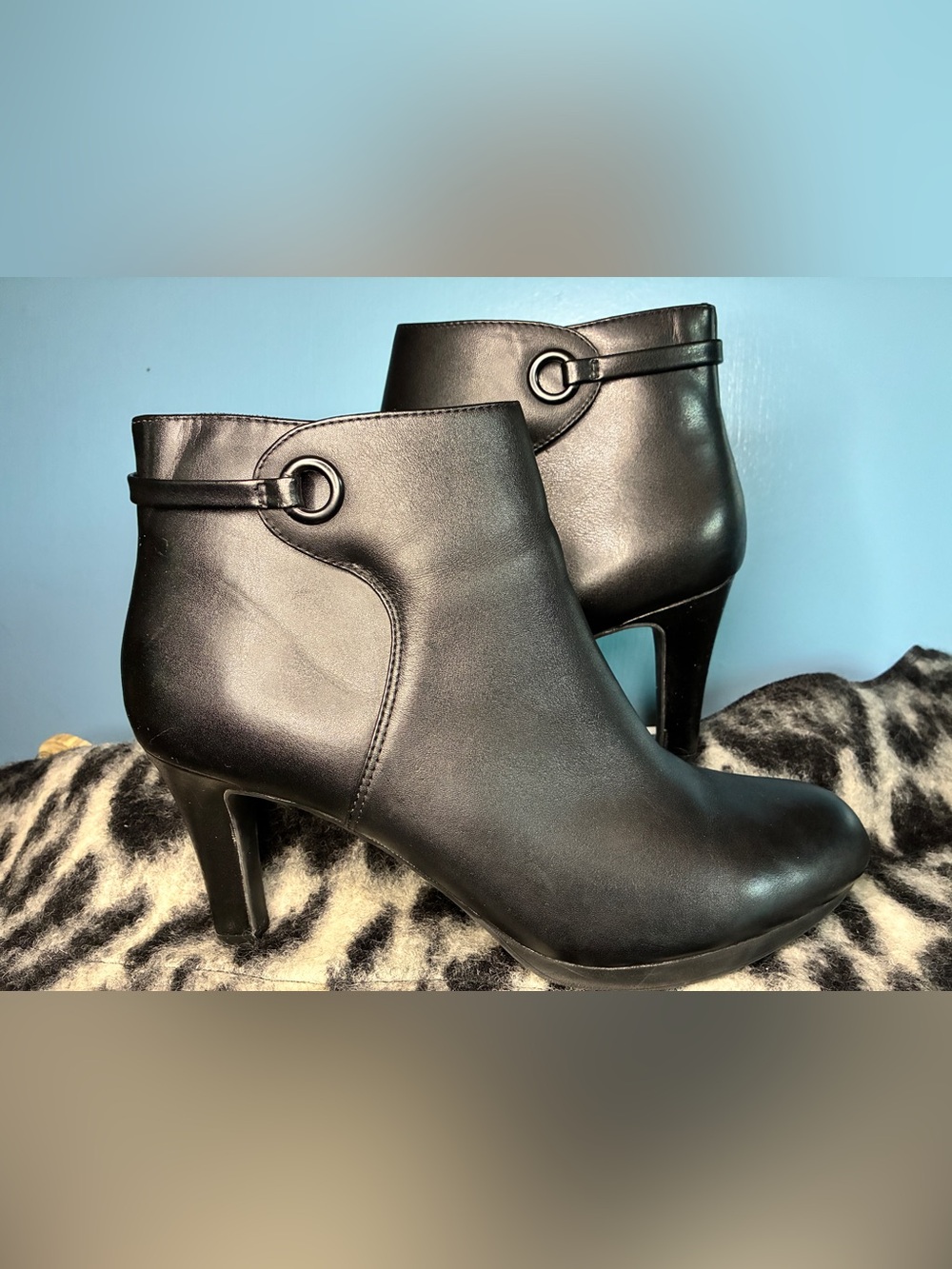 Clarks Black Leather Ankle Booties with Ring Strap